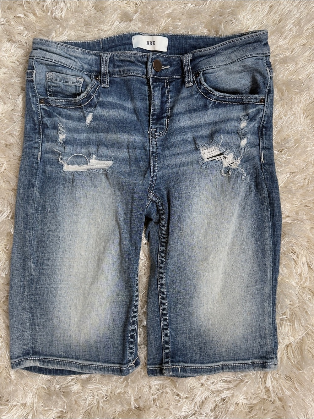 BKE Victoria Y2K Distressed Denim Bermuda Jorts Mid Rise Faded Wash Long Size 27